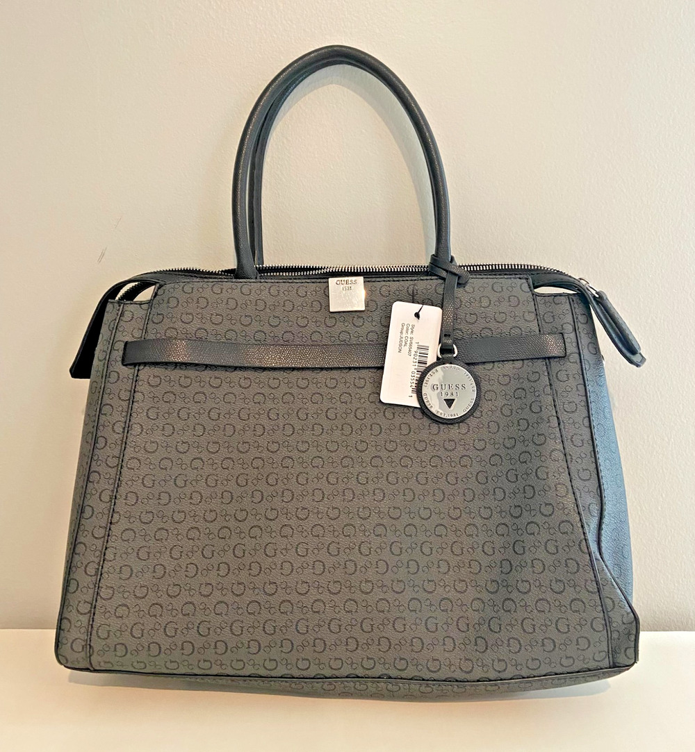 NWT Guess Monogram Satchel Handbag Charcoal Grey Logo Tote Bag